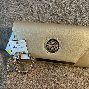 Gold Women's Clutch by Christian Lacroix and Hoope Earrings NWT